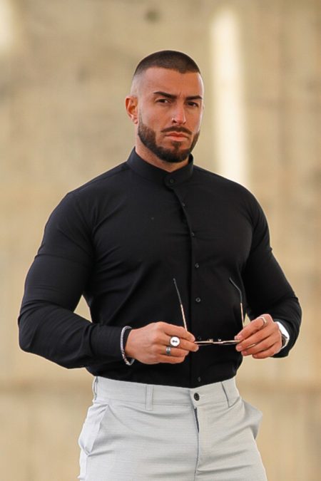 Μαύρο ανδρικό slim fit μακρυμάνικο πουκάμισο με μαο γιακά
