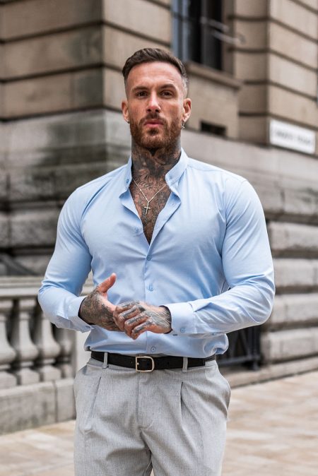 Γαλάζιο ανδρικό slim fit μακρυμάνικο πουκάμισο με μαο γιακά
