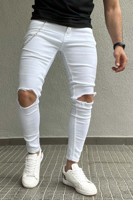 Λευκό skinny τζιν με μεγάλα σκισίματα στα γόνατα και αλυσίδα