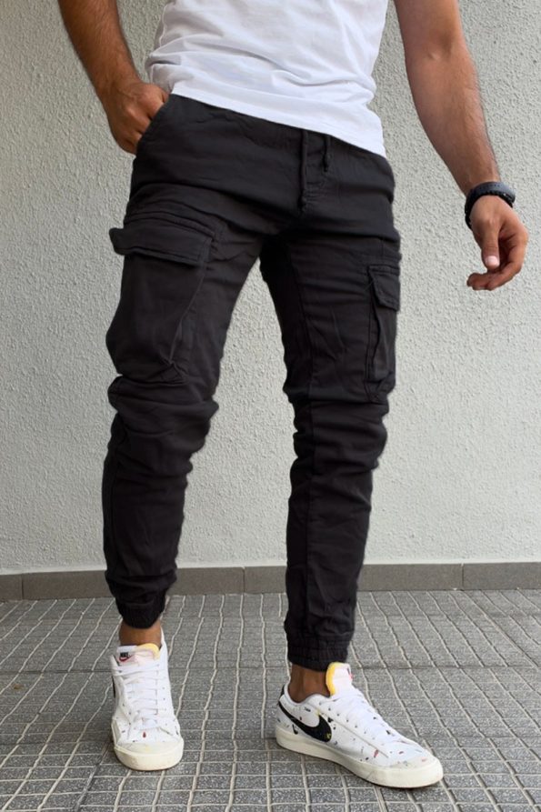 Μαύρο ανδρικό χειμερινό cargo παντελόνι με μαλακό ύφασμα / 2015B